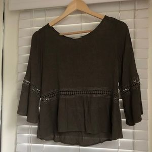 Army green flowy PAC SUN blouse crochet detail